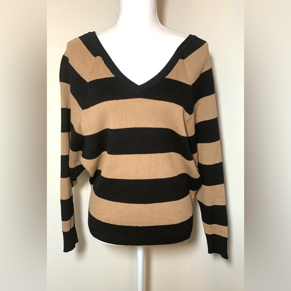NWT Chaser Stripe V-Neck Sweater Women Small Tan Black 100% Cotton - Picture 1 of 7